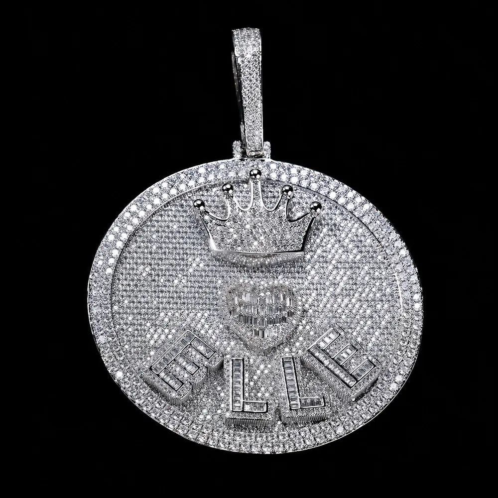 Iced - Out Crown & Heart Custom 3D Letter Large Round Pendant - 80mm - TONGSHOP / Length:16 / Length:18