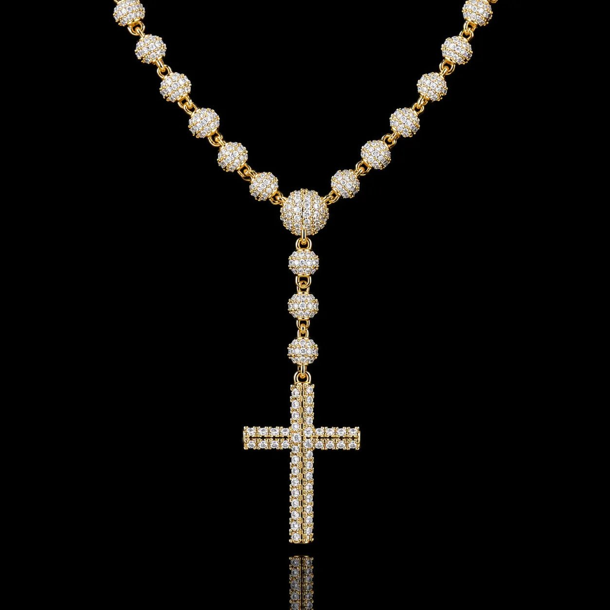Iced - Out Diamond Bead Chain with Cross Pendant - 5mm - TONGSHOP / Color:Yellow Gold / Length:16