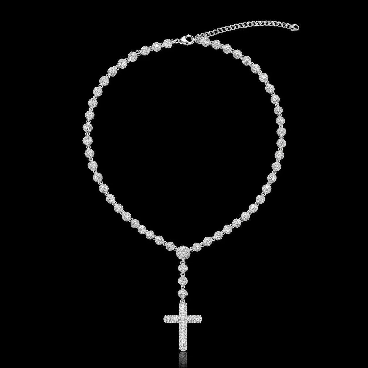 Iced - Out Diamond Bead Chain with Cross Pendant - 5mm - TONGSHOP / Color:Yellow Gold / Length:16