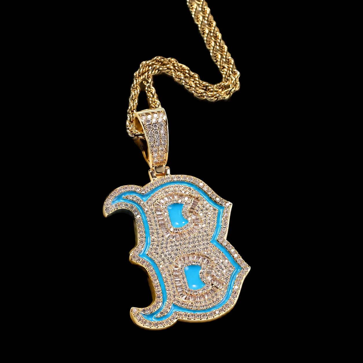 Iced - Out Glow Gothic Letter B Pendant - 35mm - TONGSHOP / Color:Yellow Gold / Length:16