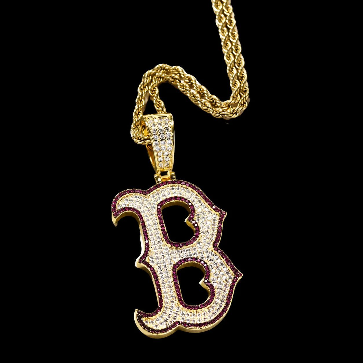 Iced - Out Glow Gothic Letter B Pendant - 35mm - TONGSHOP / Color:Yellow Gold / Length:16