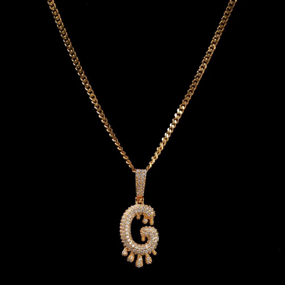 Iced Teardrop Letter & Number Pendant - TONGSHOP / Color:Yellow Gold / Length:16