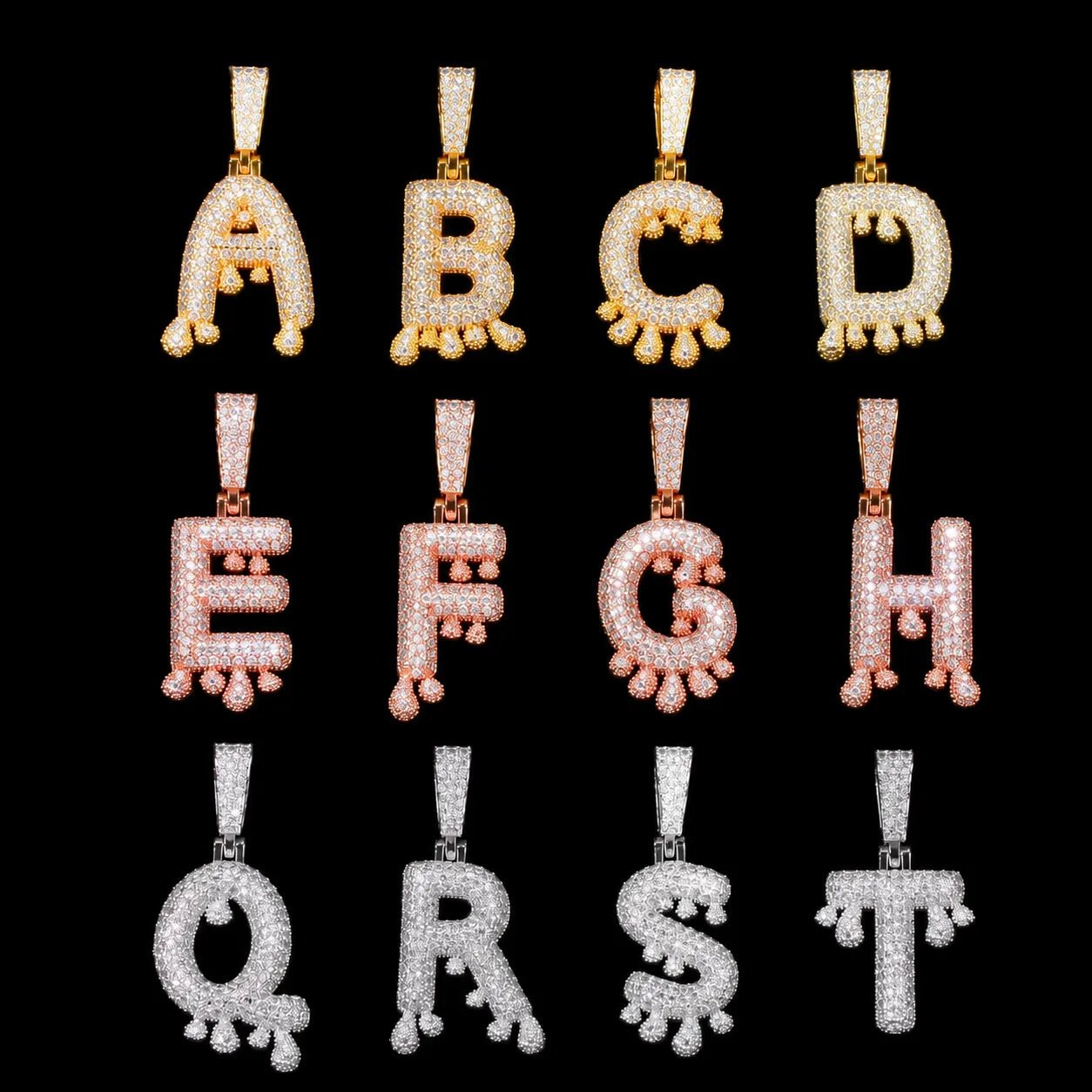 Iced Teardrop Letter & Number Pendant - TONGSHOP / Color:Yellow Gold / Length:16