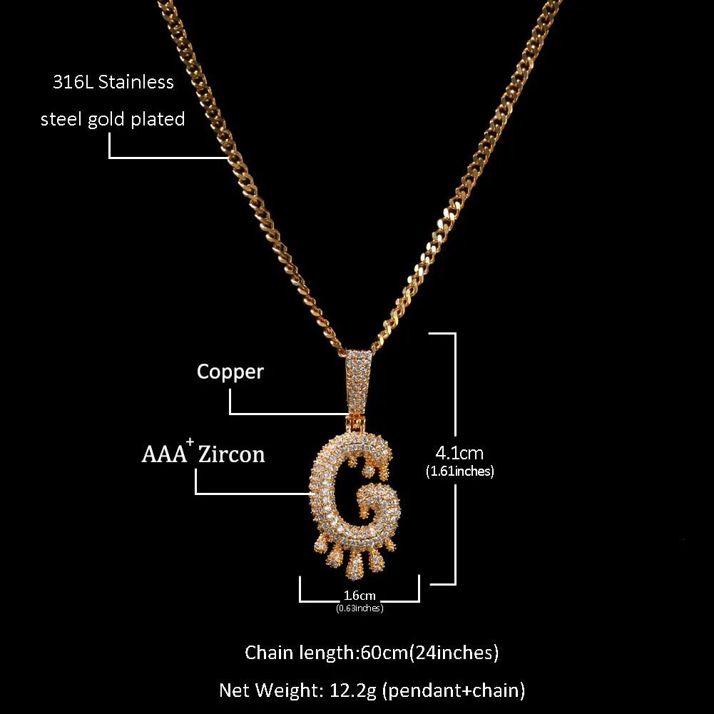 Iced Teardrop Letter & Number Pendant - TONGSHOP / Color:Yellow Gold / Length:16