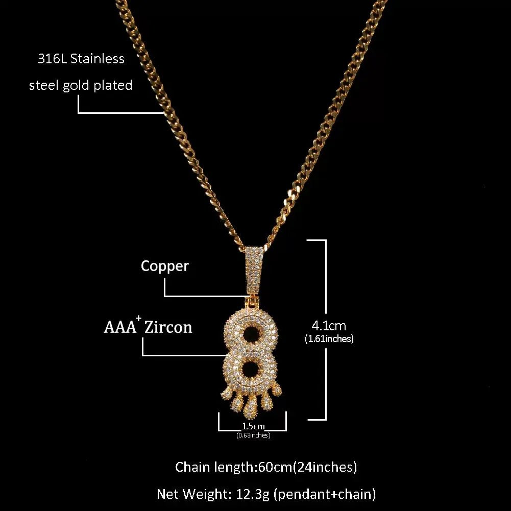 Iced Teardrop Letter & Number Pendant - TONGSHOP / Color:Yellow Gold / Length:16