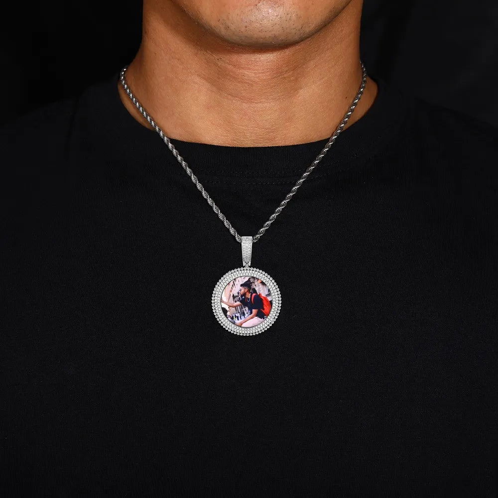 Memory Custom Photo Frame Round Pendant in White Gold - 36mm - TONGSHOP / Length:16 / Length:18