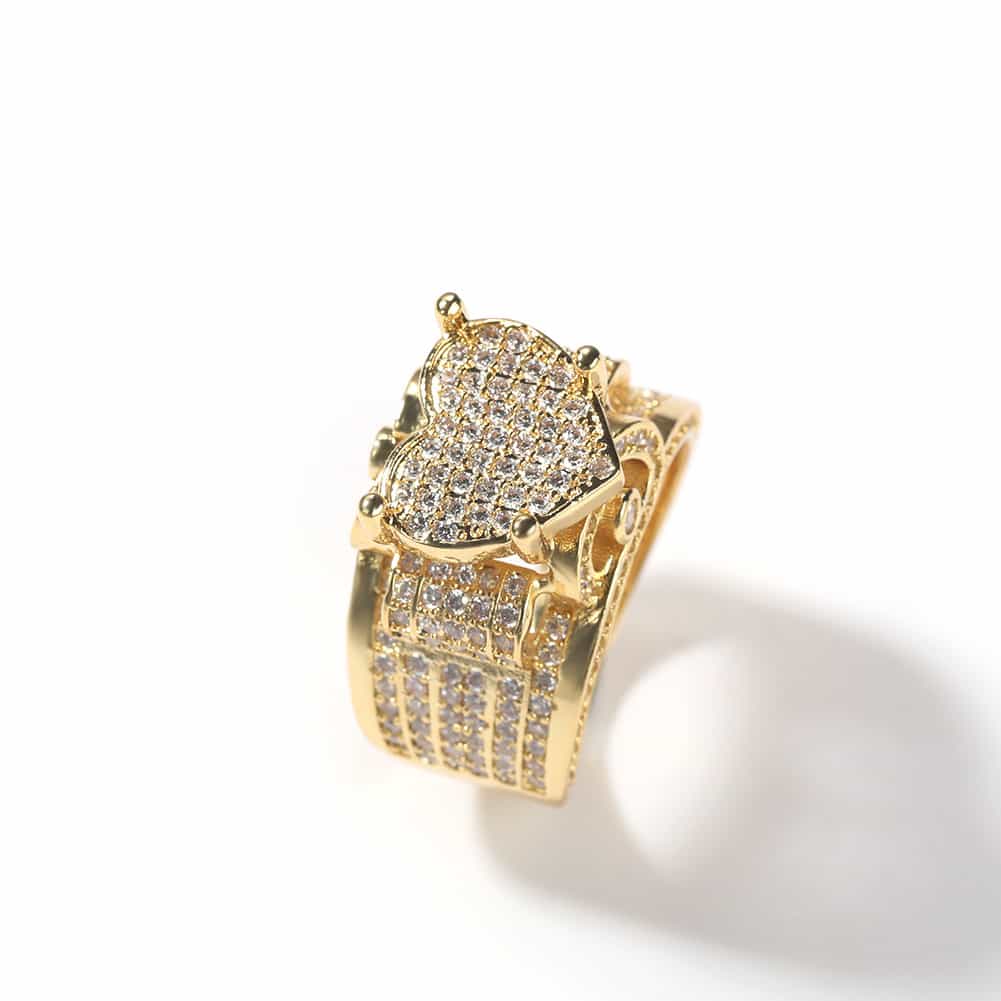 Micro Pave Crushed Diamond Heart Hip - Hop Ring in 18K Gold - TONGSHOP