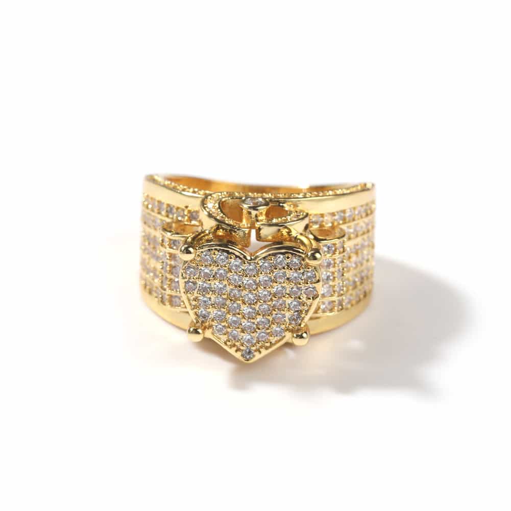 Micro Pave Crushed Diamond Heart Hip - Hop Ring in 18K Gold - TONGSHOP