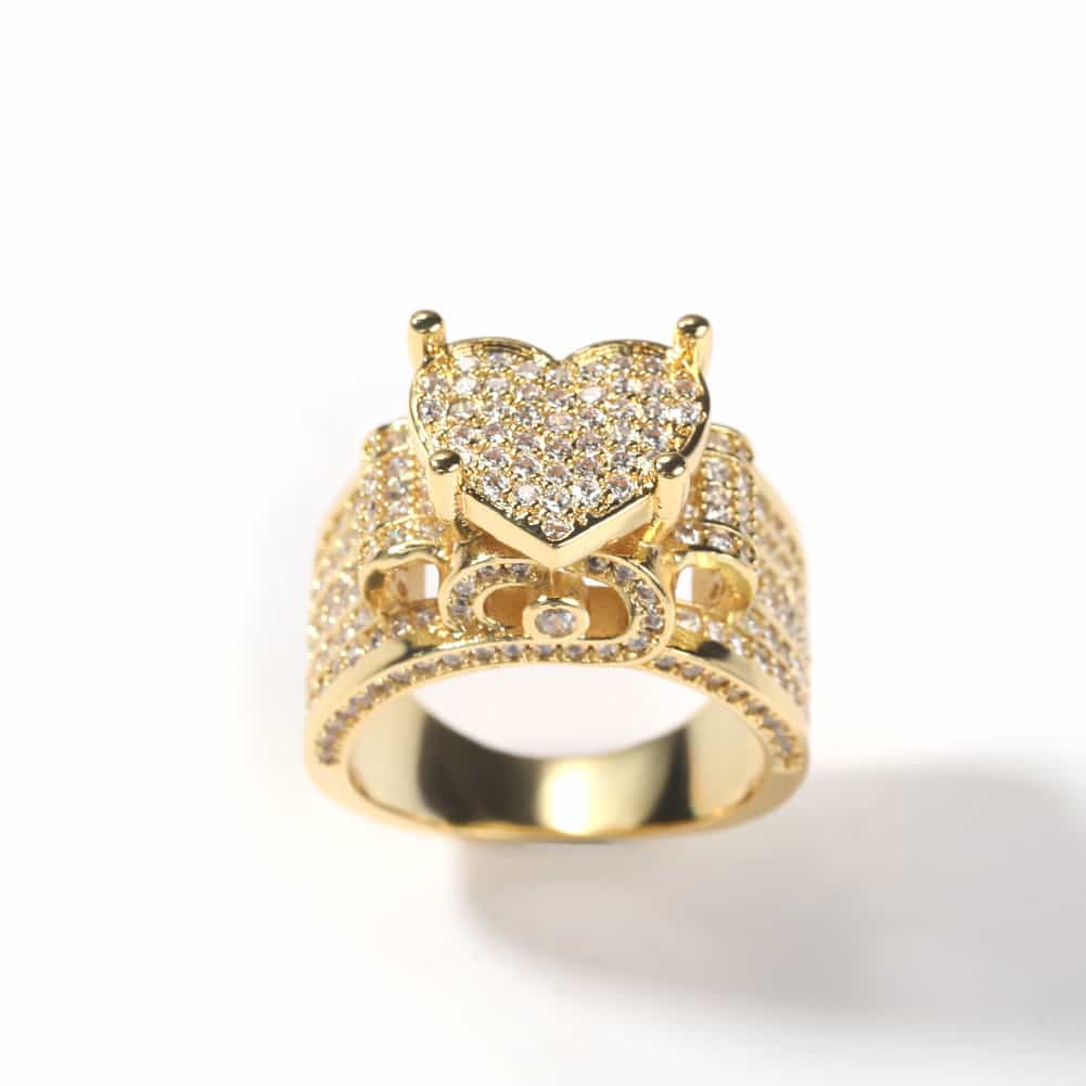 Micro Pave Crushed Diamond Heart Hip - Hop Ring in 18K Gold - TONGSHOP