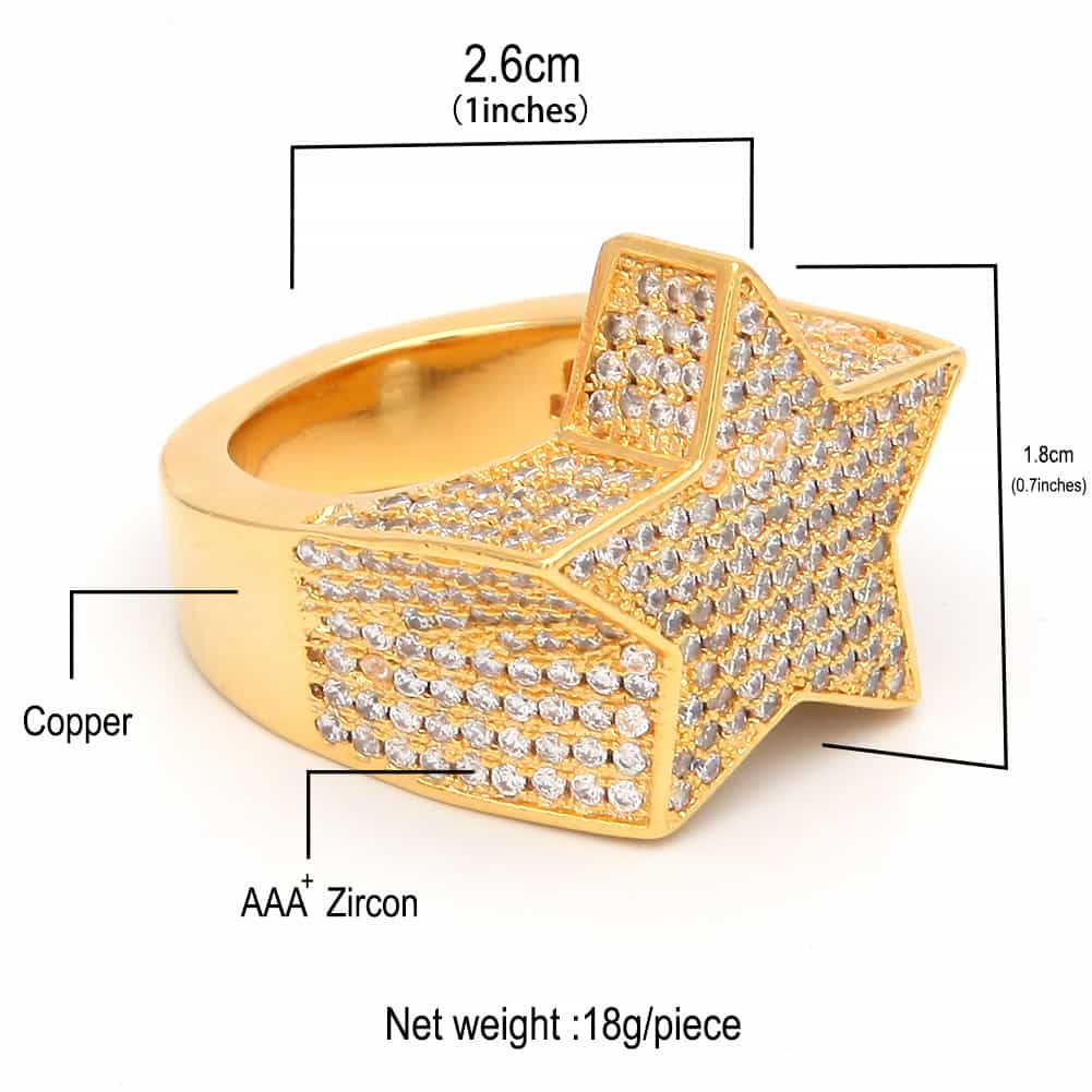 Micro Pave Full Diamond Star Hip - Hop Ring in 18K Gold - TONGSHOP