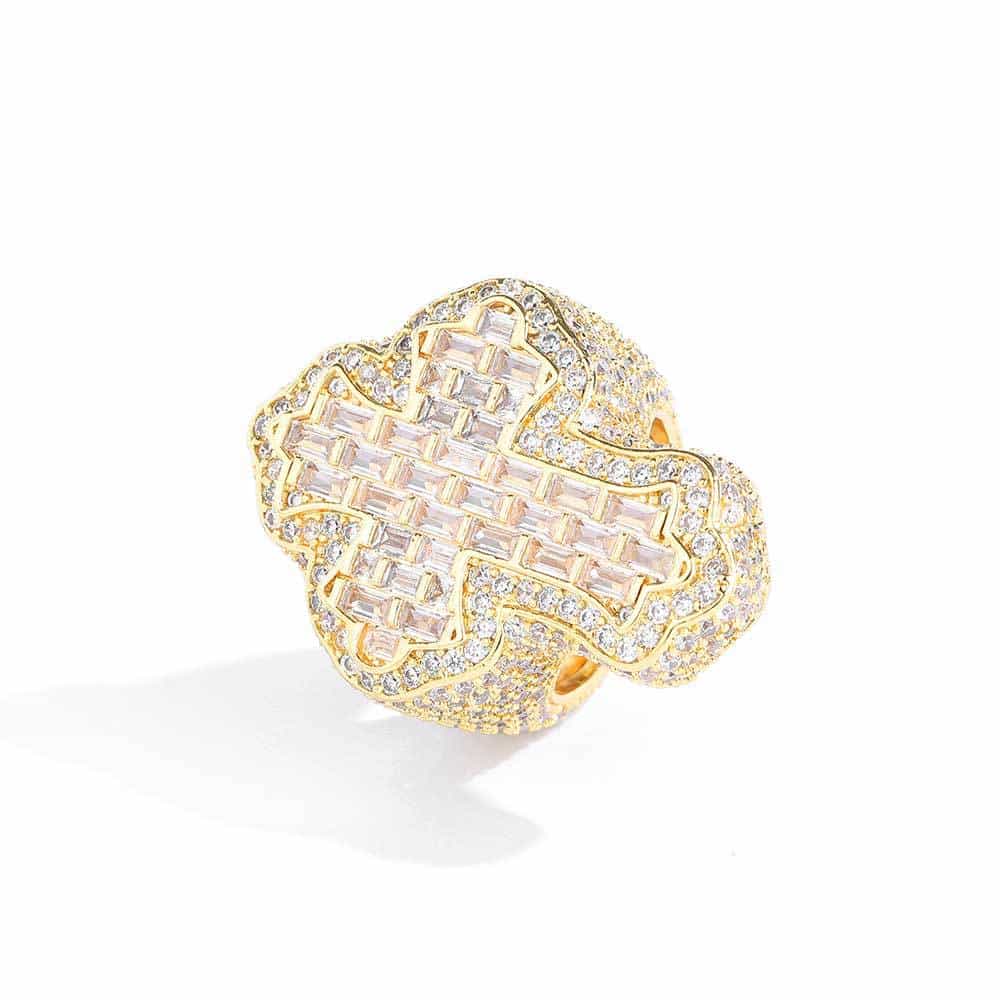 Micro Pave T - Square Diamond Cross Ring in 18K Gold - TONGSHOP