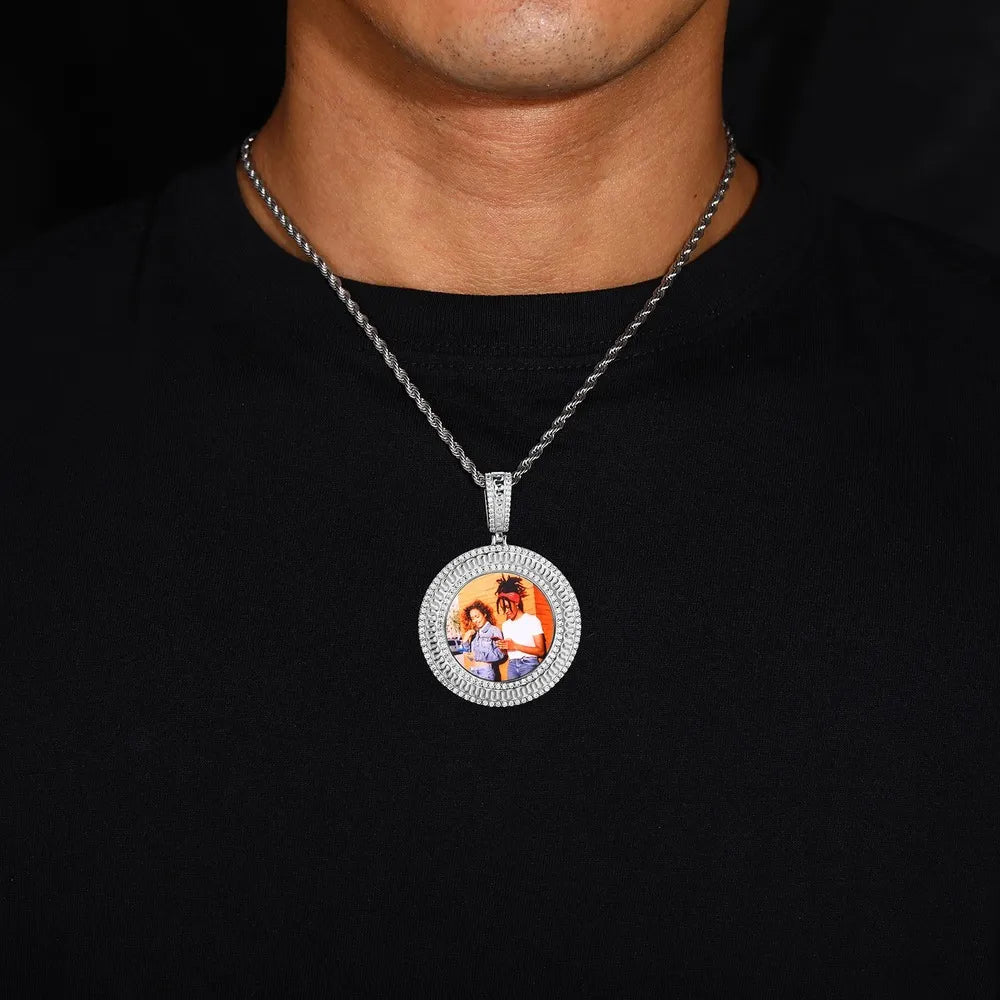 Rippled Classic Memory Round Photo Frame Pendant - 42mm - TONGSHOP / Length:16 / Length:18