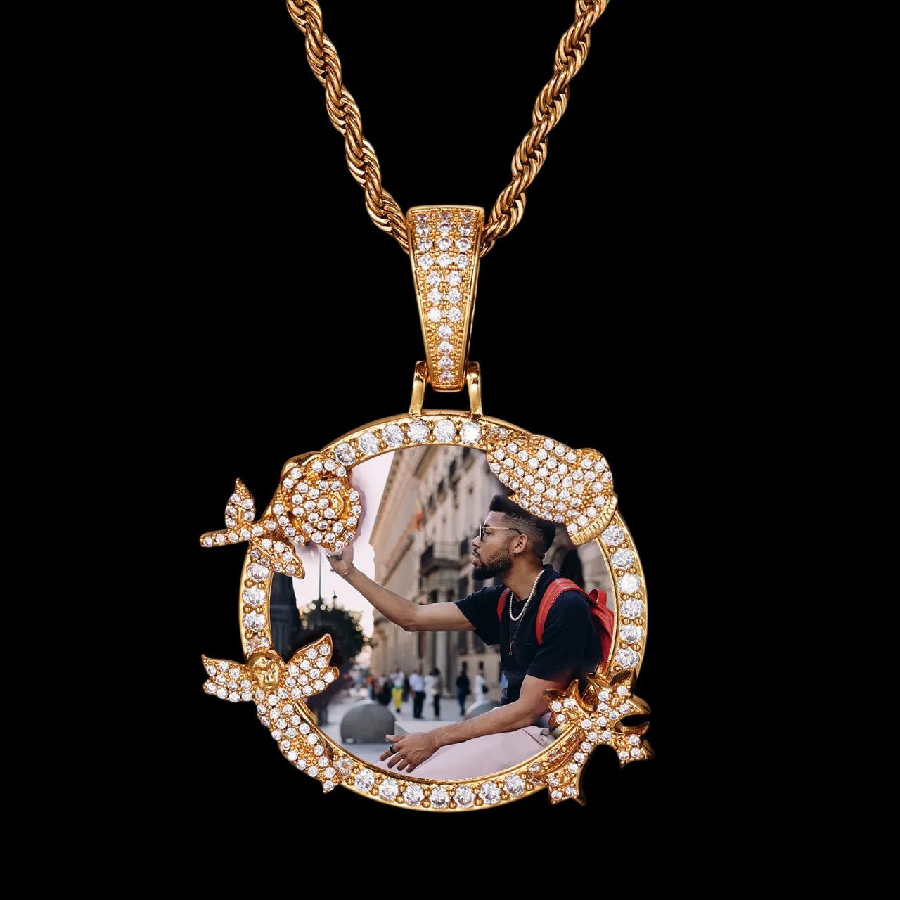 Rose, Angel, and Cross Round Solid Custom Photo Pendant - 45mm - TONGSHOP / Length:16 / Length:18