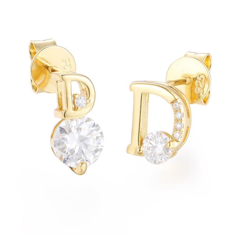 S925 Moissanite Initial Stud Earrings in 18K Gold - TONGSHOP