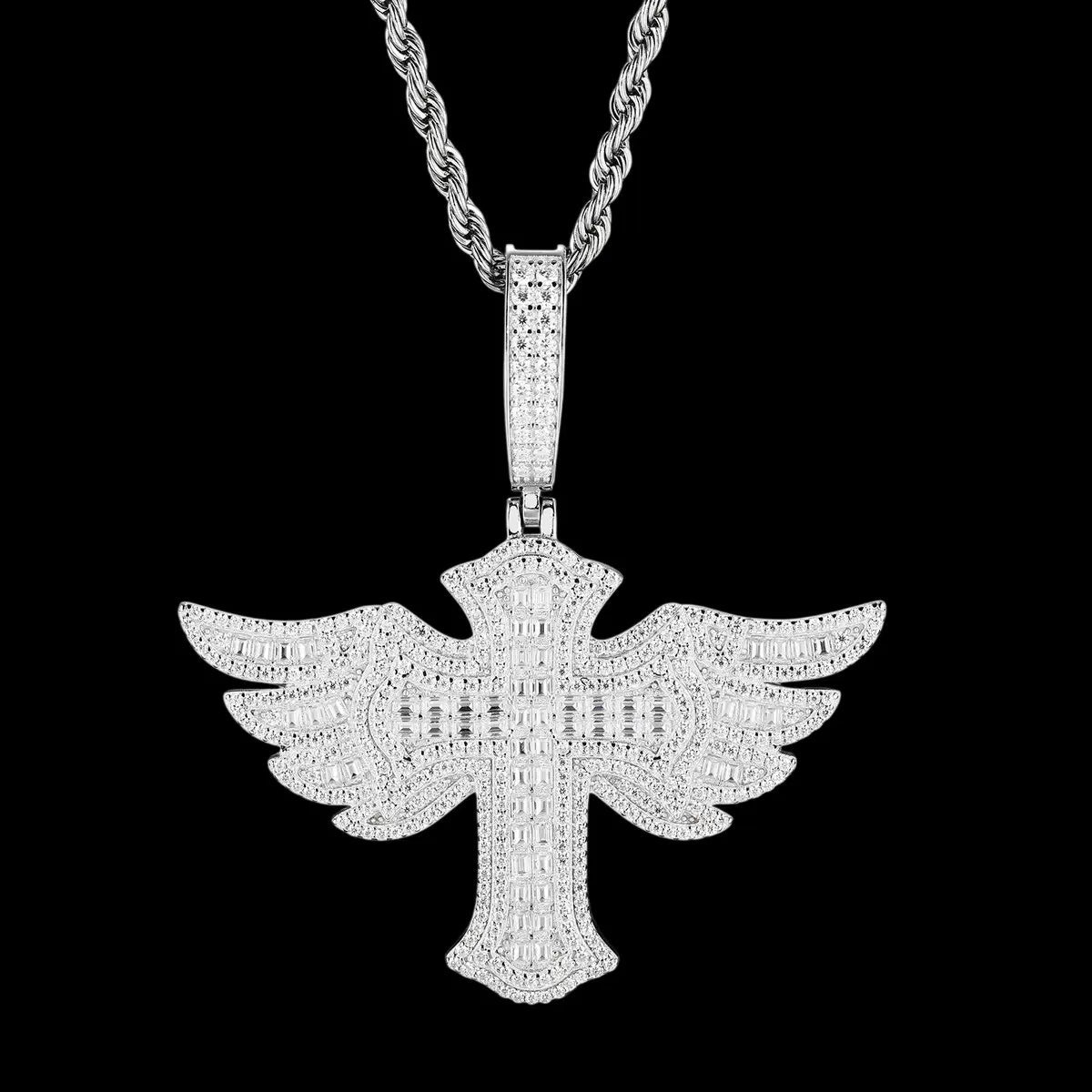 S925 & VVS Moissanite Angel Wings Cross Pendant - 55mm - TONGSHOP / Length:16 / Length:18
