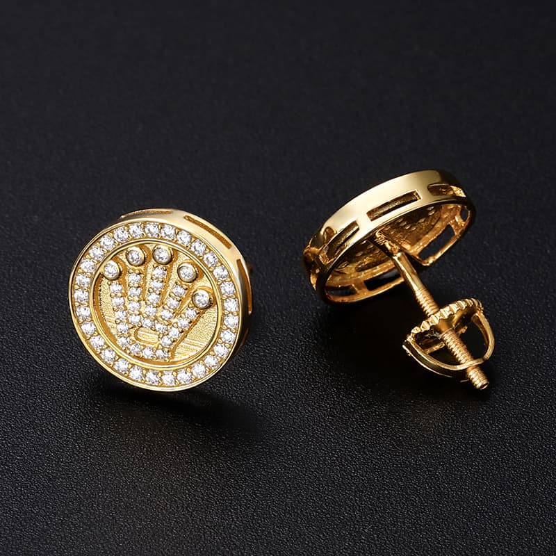 S925 VVS Moissanite Crown Stud Earrings in 18K Gold Plating for Hip - Hop - TONGSHOP