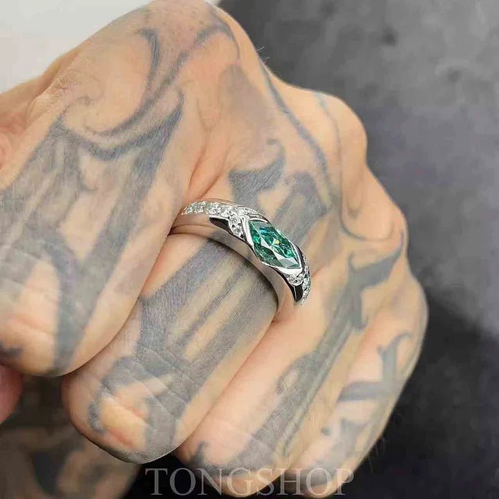 S925 VVS1 Moissanite Ice Blue Lake Green Horse Eye Ring - TONGSHOP