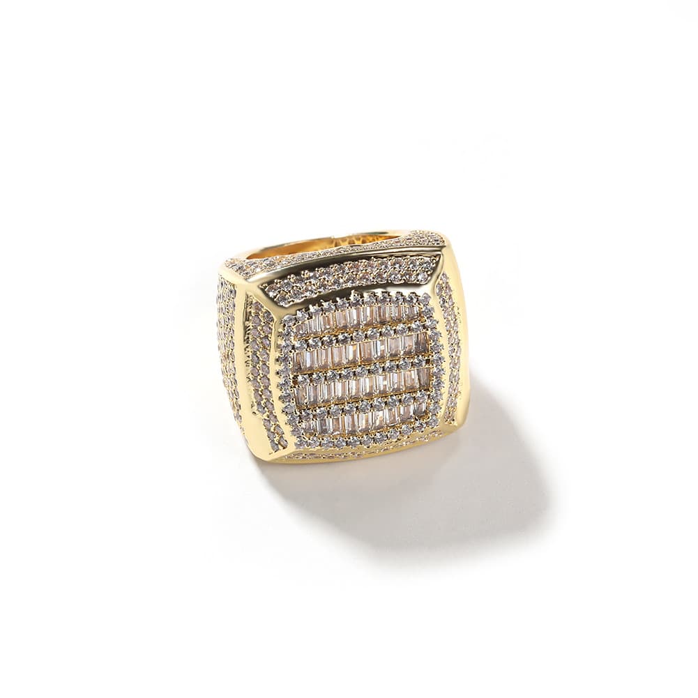 Square Diamond Encrusted Hip - Hop Ring in 18K Gold Plating - TONGSHOP