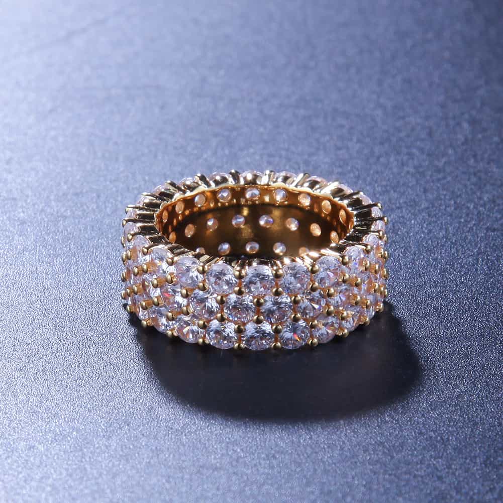Triple Row Diamond Bling Hip - Hop Ring in 18K Gold - TONGSHOP