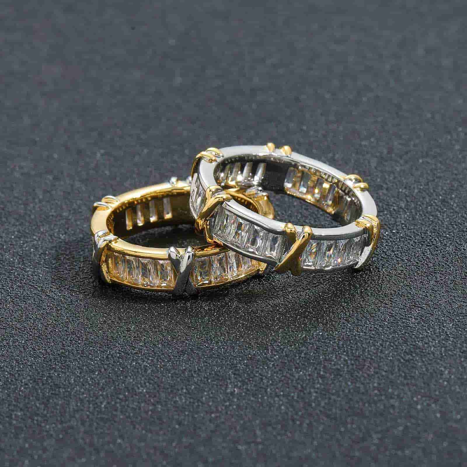Two - Tone Crossed T - Shaped Diamond Ring - TONGSHOP