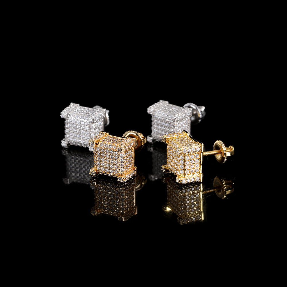 Hip-Hop Micro Pave Square Spiral Stud Earrings with Full Diamonds