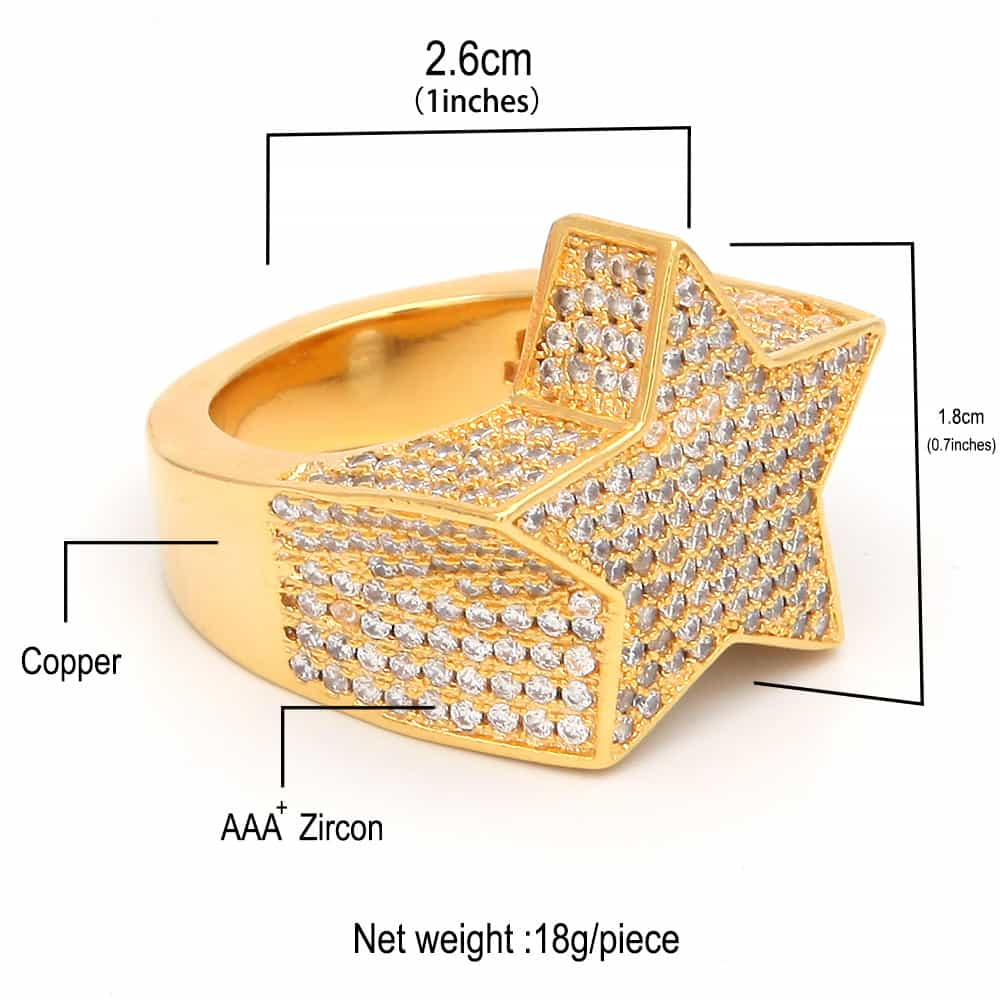 Micro Pave Full Diamond Star Hip-Hop Ring in 18K Gold