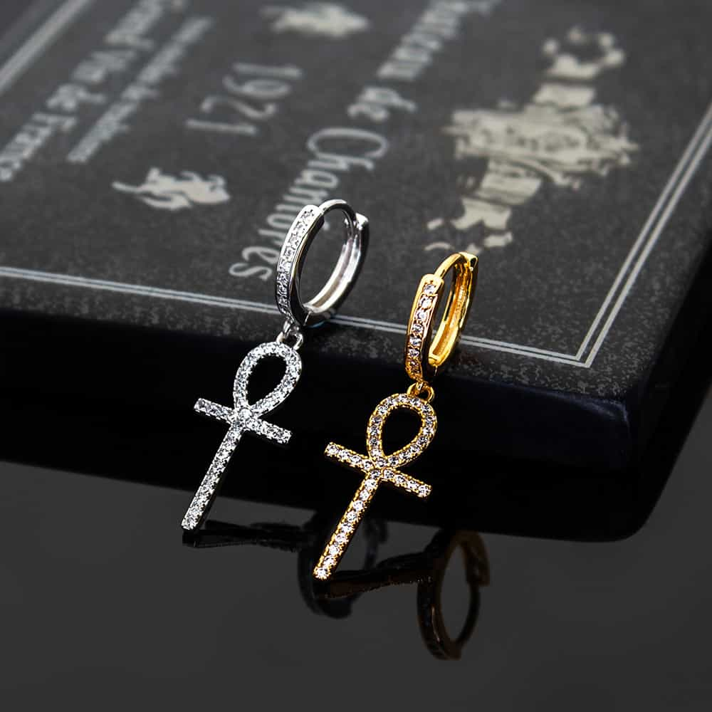 18K Gold Iced-Out Cross Earrings with Diamond Inlay