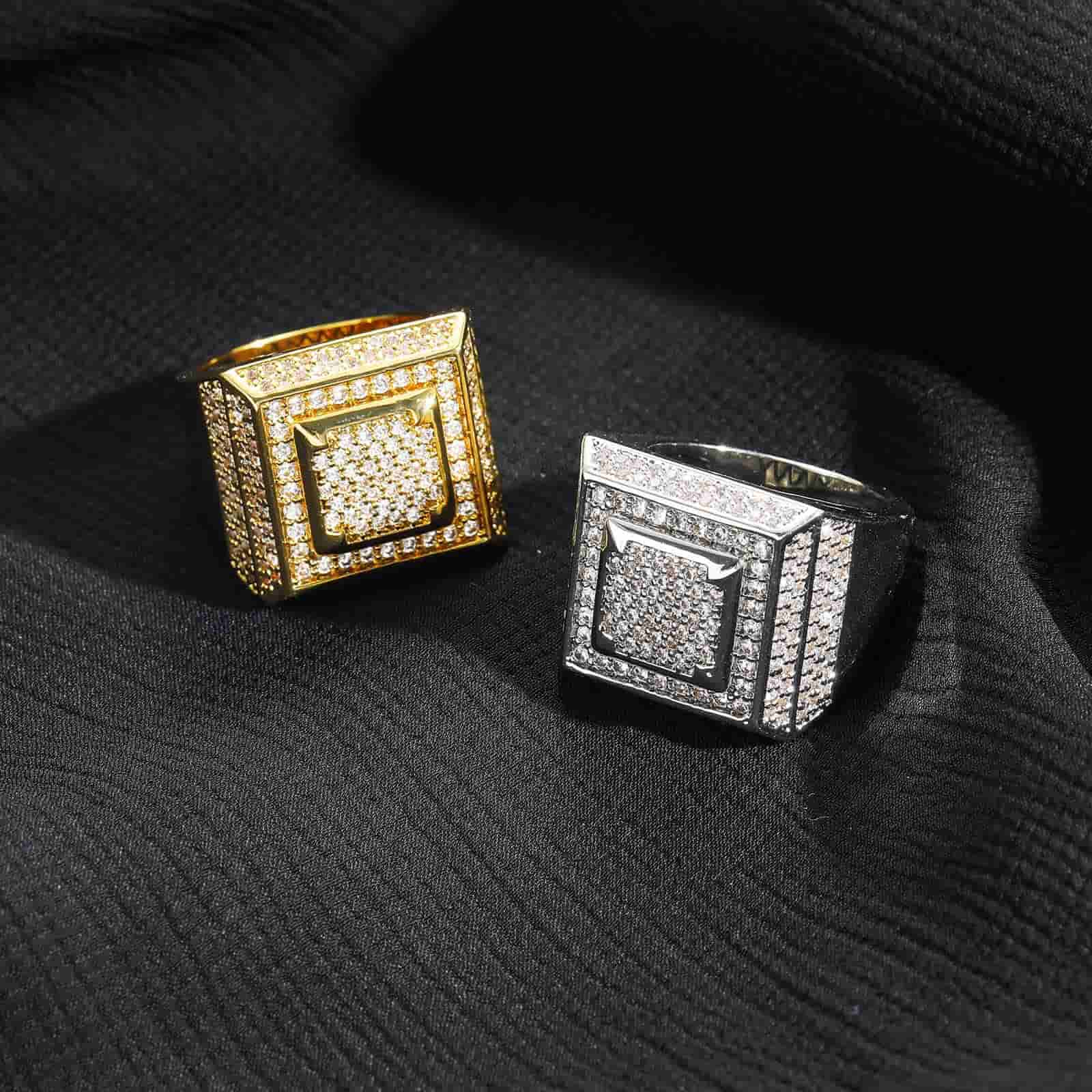 Fully Diamond-Encrusted Hip-Hop Square Ring