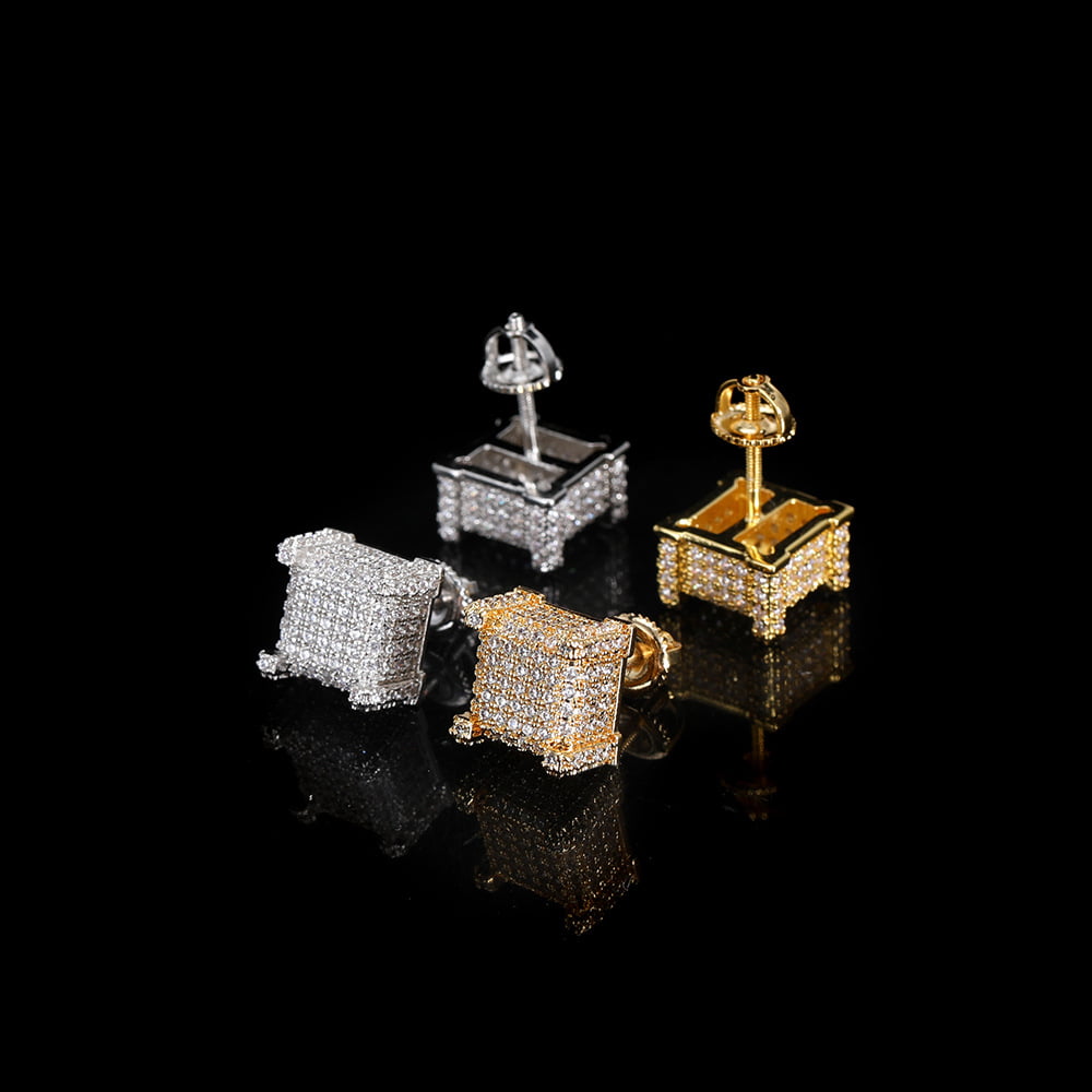 Hip-Hop Micro Pave Square Spiral Stud Earrings with Full Diamonds