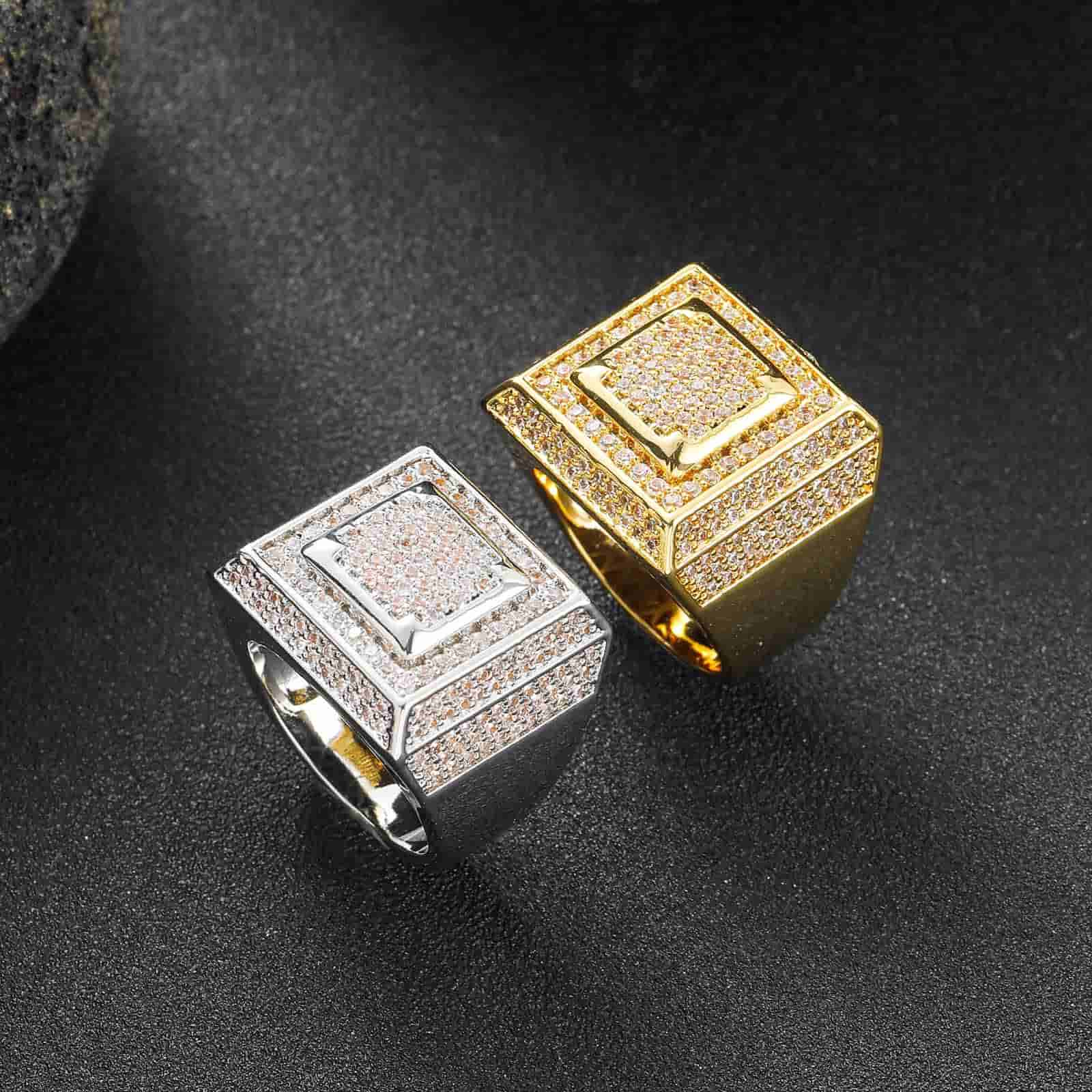 Fully Diamond-Encrusted Hip-Hop Square Ring