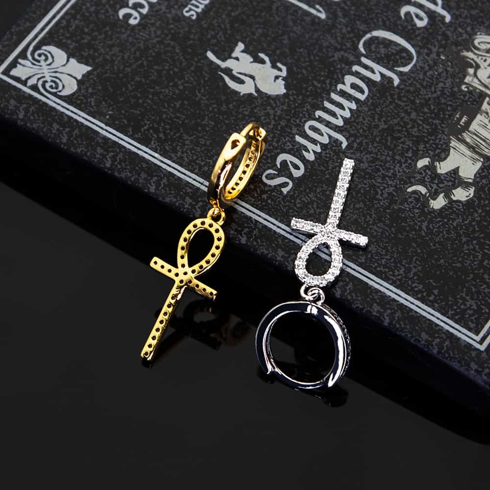 18K Gold Iced-Out Cross Earrings with Diamond Inlay