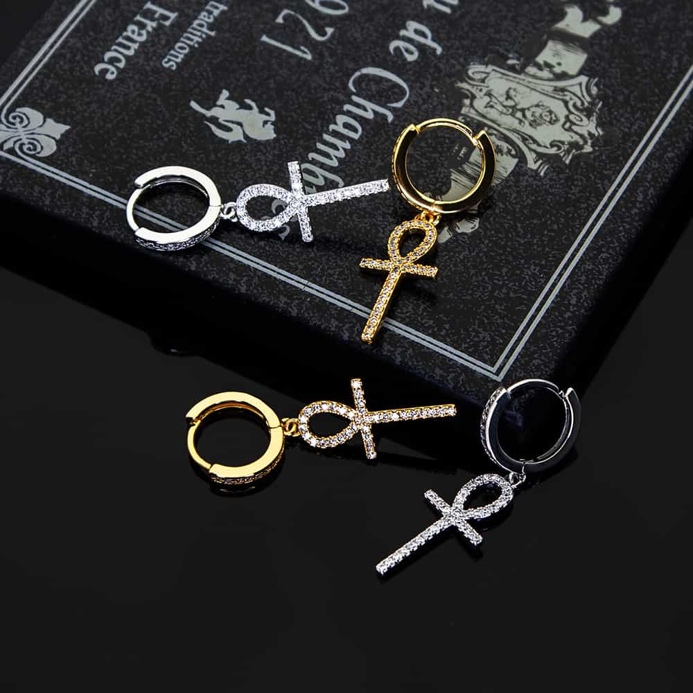 18K Gold Iced-Out Cross Earrings with Diamond Inlay