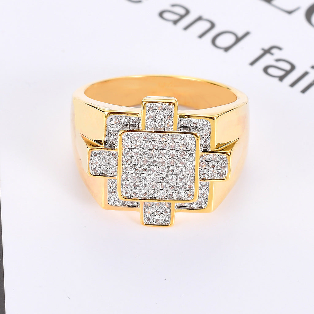 18K Gold Full Diamond Geometric Hip-Hop Ring