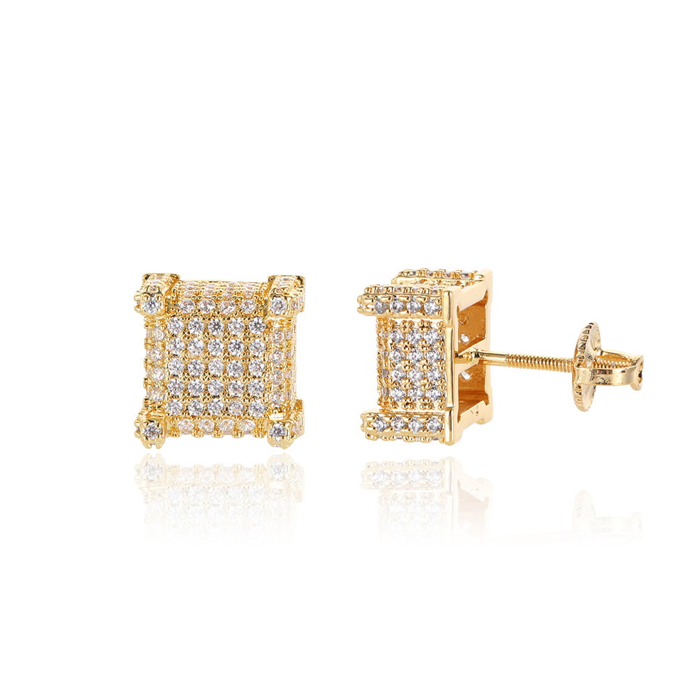 Hip-Hop Micro Pave Square Spiral Stud Earrings with Full Diamonds