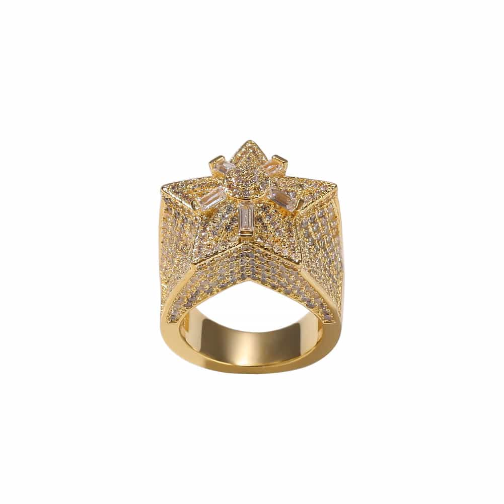 Full Diamond Pentagram Hip-Hop Ring in 18K Gold Plating