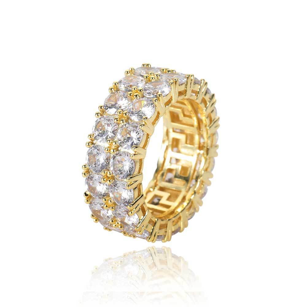 18K Gold Double-Row Full Diamond Hip-Hop Ring