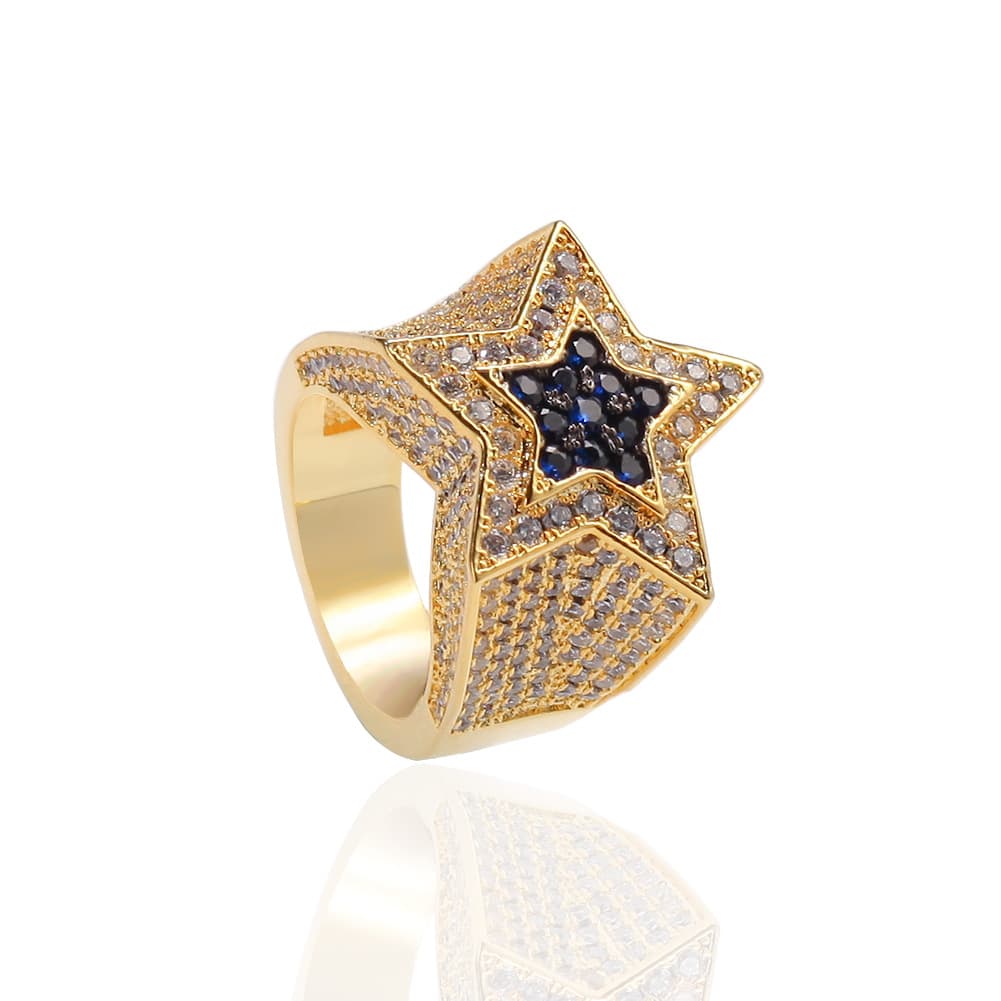 Hip-Hop Sapphire Star Ring with Diamond Encrusted Pentagram