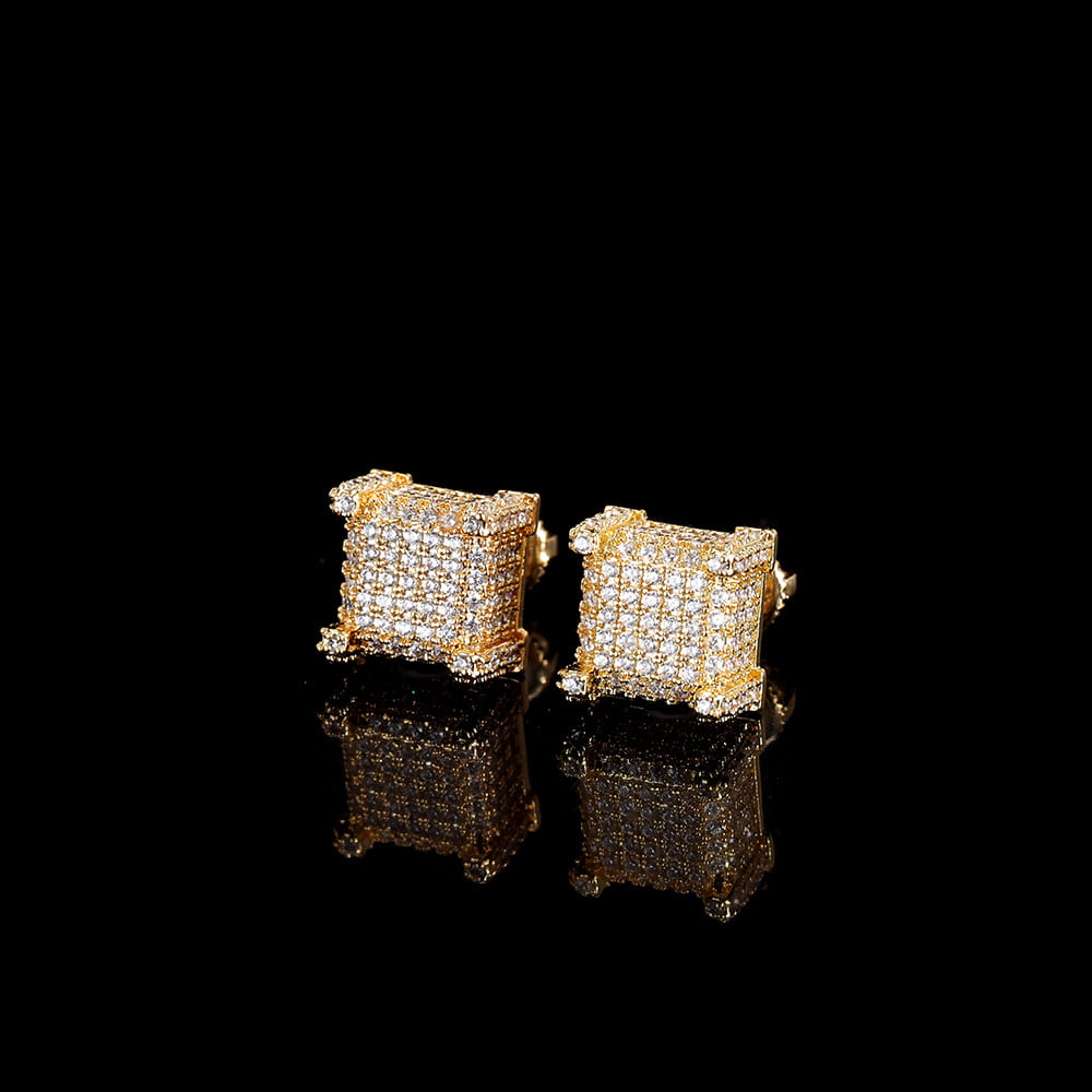 Hip-Hop Micro Pave Square Spiral Stud Earrings with Full Diamonds