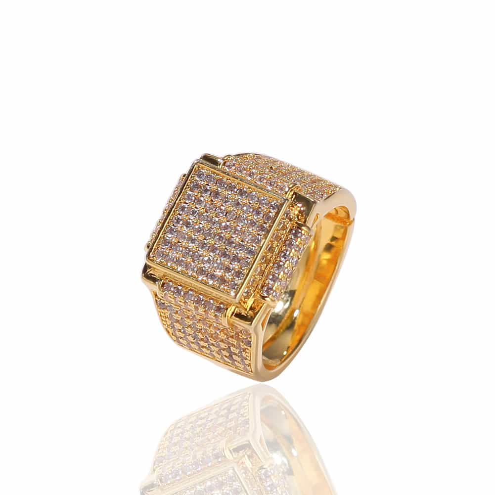 Square Iced-Out Diamond Bling Hip-Hop Ring in 18K Gold