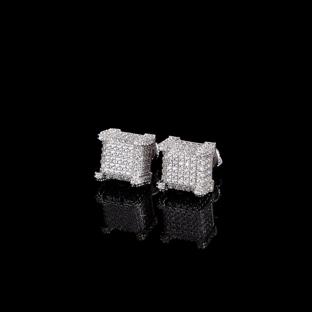 Hip-Hop Micro Pave Square Spiral Stud Earrings with Full Diamonds