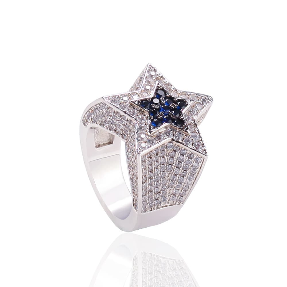 Hip-Hop Sapphire Star Ring with Diamond Encrusted Pentagram