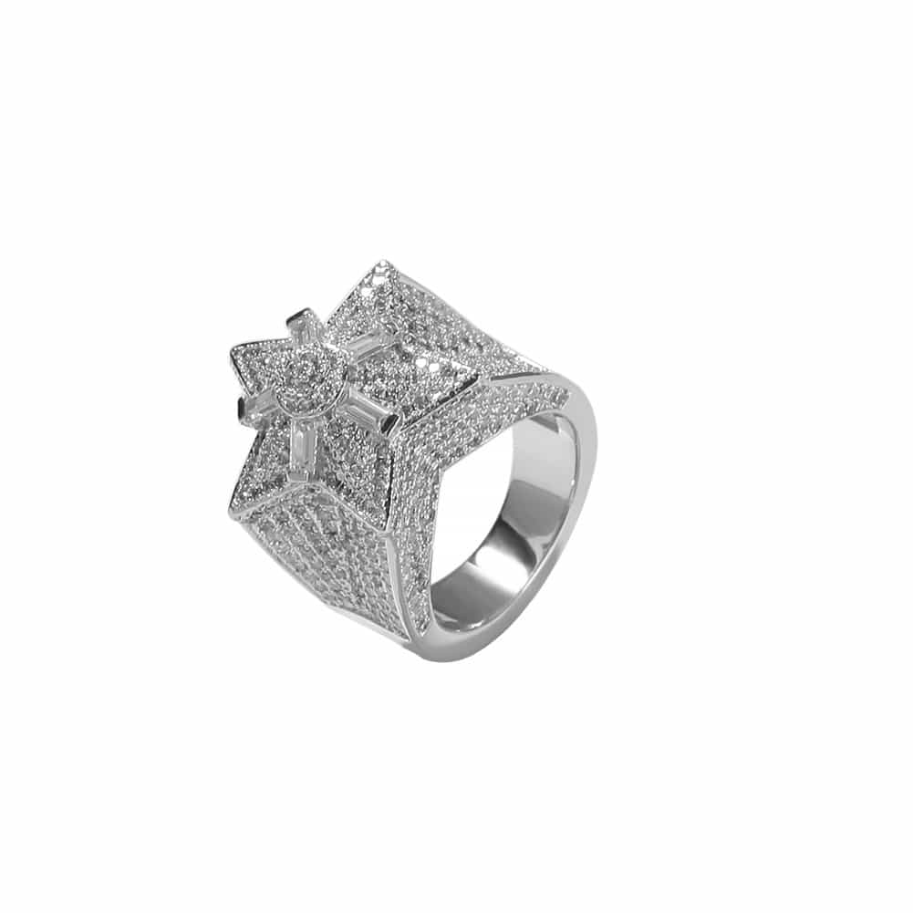 Full Diamond Pentagram Hip-Hop Ring in 18K Gold Plating