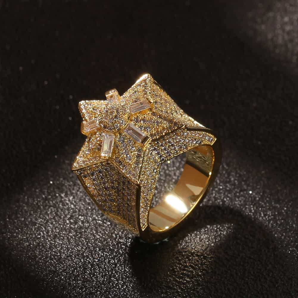 Full Diamond Pentagram Hip-Hop Ring in 18K Gold Plating