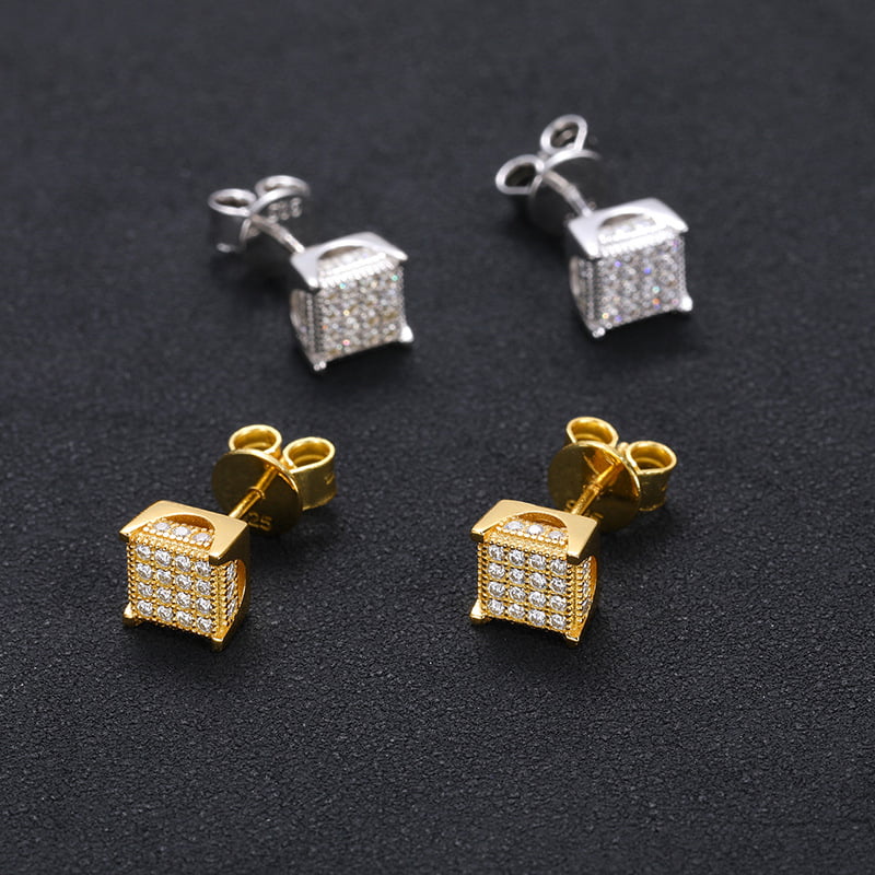 S925 1.2mm VVS Pave-Set Square Moissanite Stud Earrings in 18K Gold