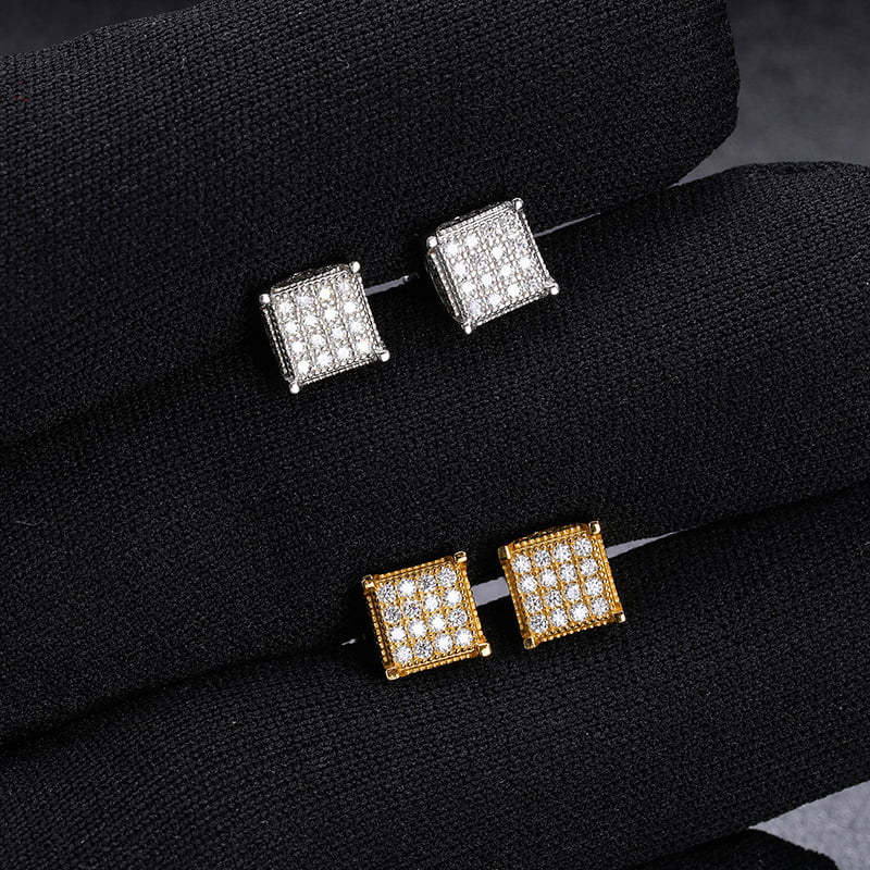 S925 1.2mm VVS Pave-Set Square Moissanite Stud Earrings in 18K Gold