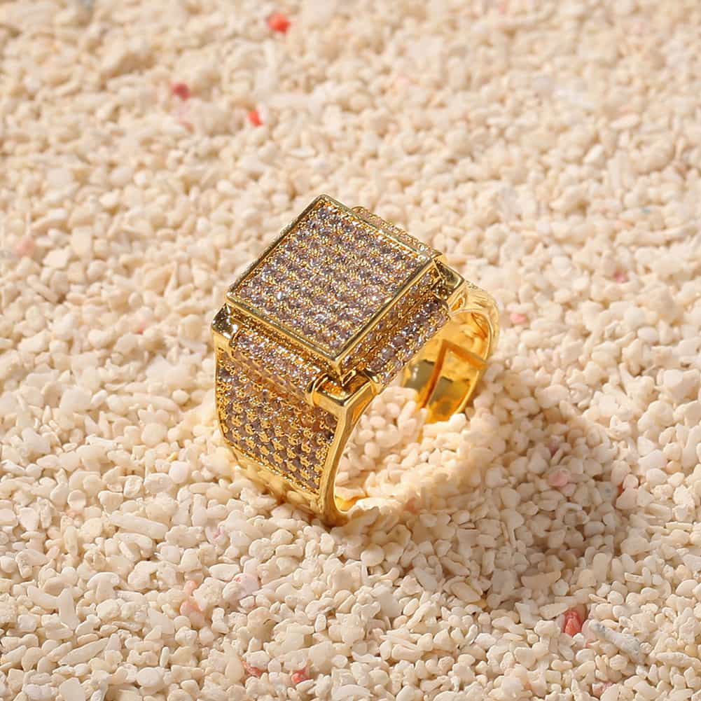 Square Iced-Out Diamond Bling Hip-Hop Ring in 18K Gold