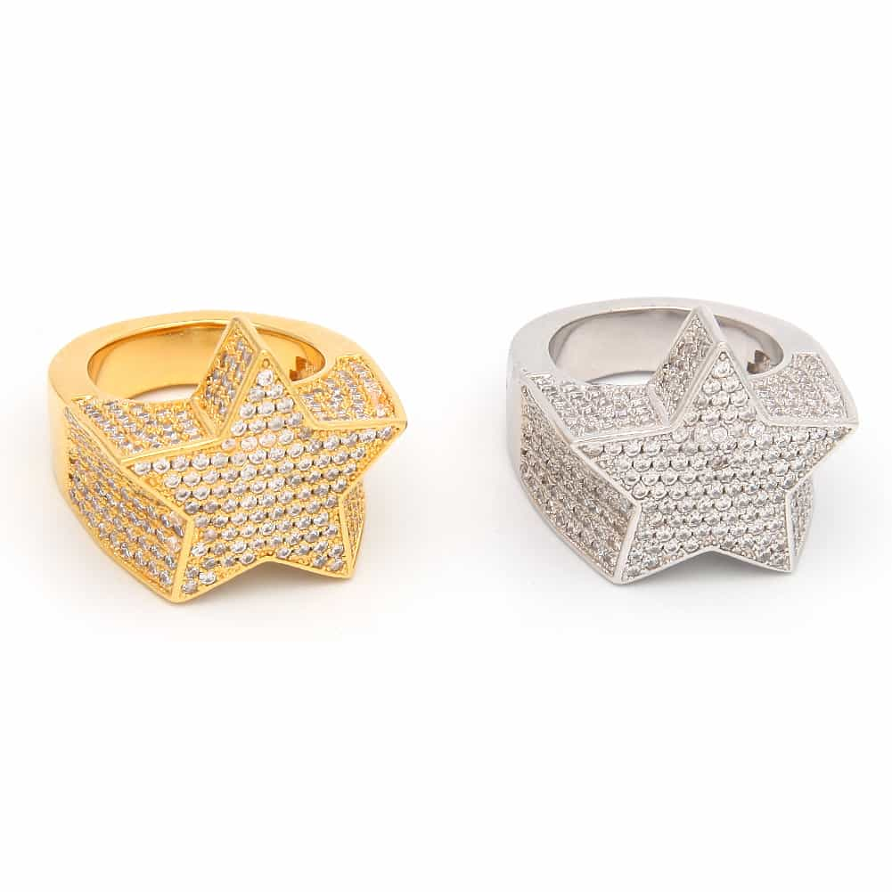 Micro Pave Full Diamond Star Hip-Hop Ring in 18K Gold