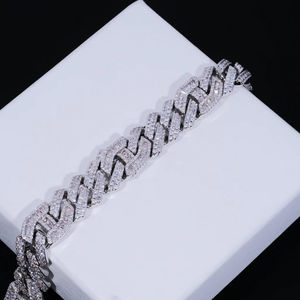 12mm Prong Baguette Curb Bracelet White Gold