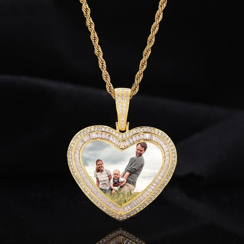 18K Gold Custom Photo Heart T-Shaped Diamond Pendant - 42mm