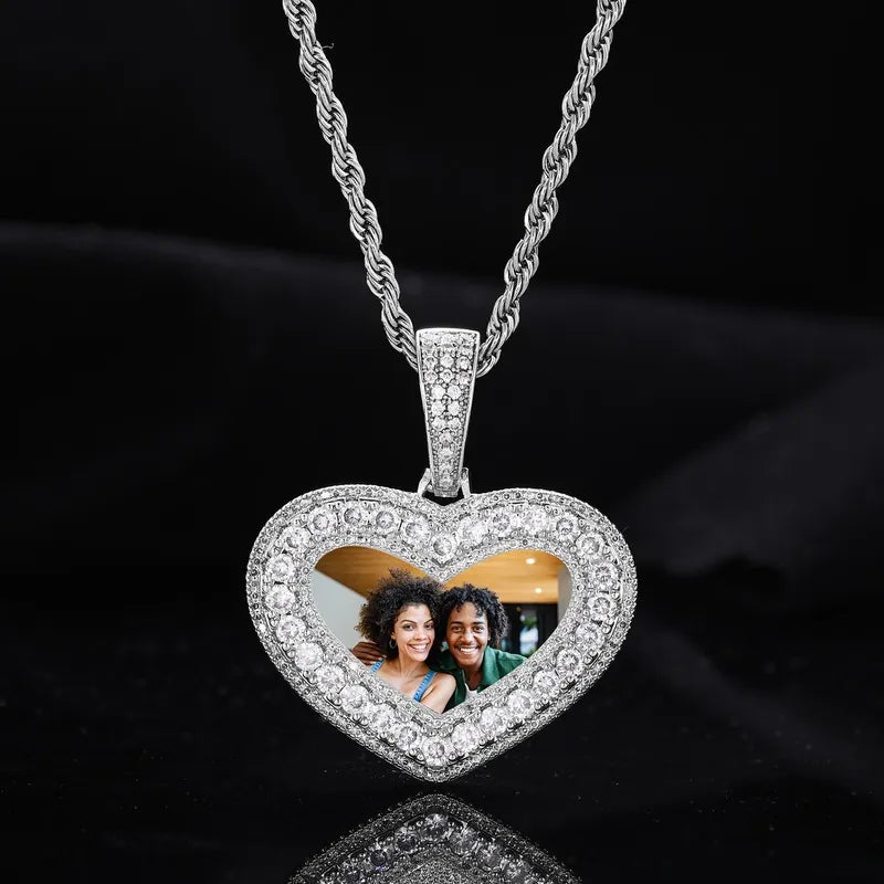 14K White Gold Customized Photo Heart Pendant - 40mm